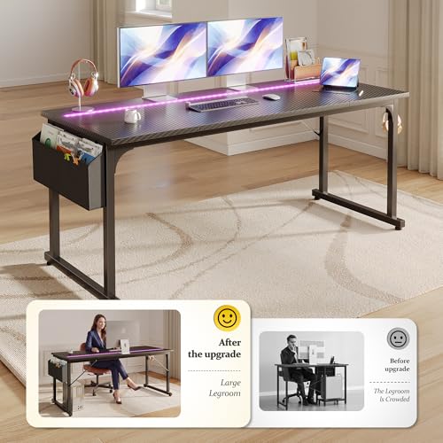 DurayLoly 55" Carbon Fiber Gaming Desk with RGB LED for Teens Bedroom,Black - color: Black, size: 55 Inch
