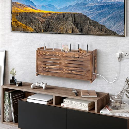 Router Shelf Wall Mount WiFi Router Storage Box Modem Cable Router Cover Organized Power Strip Cable Management Hider Rack by Wood Need Assembly 26 * 9.8 * 5.4 in(L* H * D) SSE