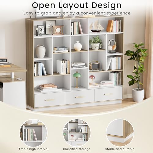 ModernMate 60" Wide Bookshelf with 3 Drawers & 16 Open Display Storage - color: White Walnut