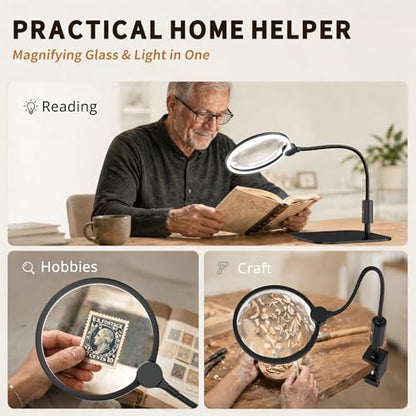 7.1 Inch Extra Large Magnifying Glass with Light and Stand - size: 130mm