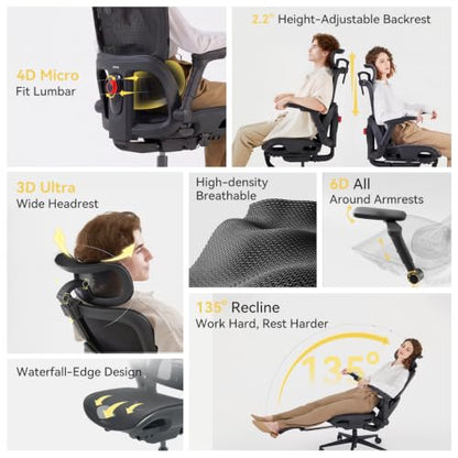 SIHOO B300 Pro Ergonomic Office Chair with Footrest, 4D Lumbar Support - color: Dark Black
