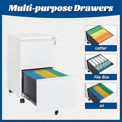 Fesbos 2 Drawers Vertical File Cabinet - Fully Assembled White Under Desk Mobile Filling Cabinet Small Lockable Home Office File Cabinets for A4/Letter/Legal Size - color: White, size: 14.6"W-2 Drawers-Fully Assembled