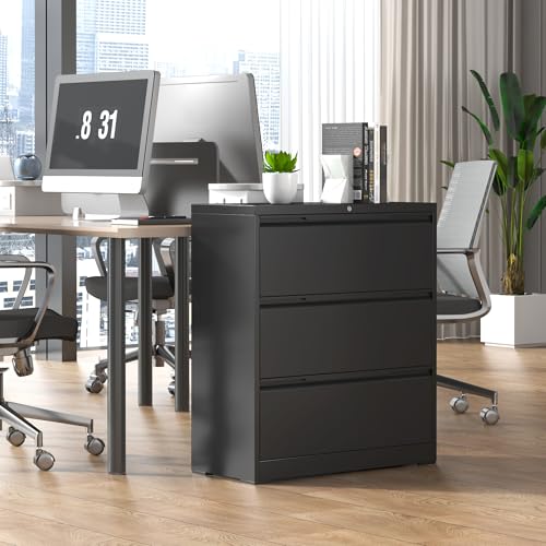 Lateral File Cabinet 3 Drawer, Metal File Cabinet with Lock - color: Black, size: 3 Drawer - Lateral