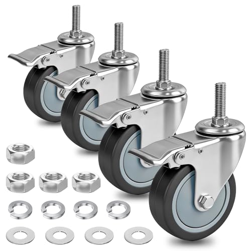 4 Inch Brake Stem Casters 1/2"-13x1-1/2, TPR Swivel Stem Wheel 4 Pack | Replacement Caster Wheels Heavy Duty for Wire Shelving Racks - size: 4 Inch - (1/2"-13 x 1.5")