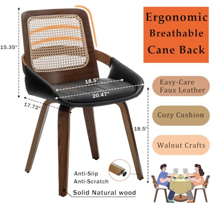 Set of 1 Rattan Dining Chair - Mid Century Modern Chair with Ergonomic Cane Back, Bentwood Frame, Faux Leather Seat, Arms, Walnut Dining Chair for Living Room/Reception/Kitchen (Walnut Black) - color: Walnut Black, size: Set of 1