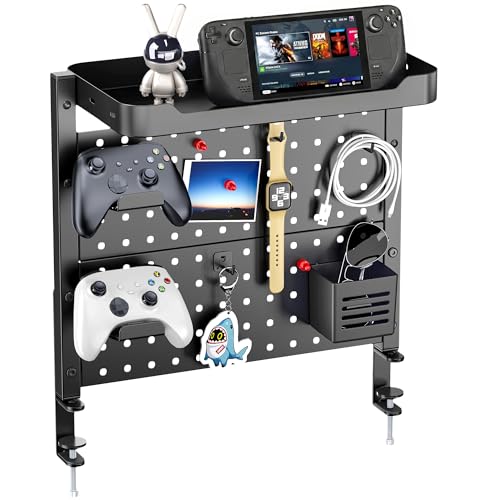 ARES WING Desk Clamp On Pegboard with 16 inches Organizer Shelf, Black | Adjustable Above or Under Desk Storage Shelf Holds 44 lbs, Magnetic Metal Peg Board for Office and Gaming Accessories - color: Black, size: Pegboard Shelf