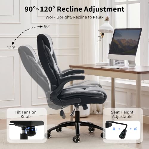 Executive Office Chair - Adjustable Inflatable Lumbar Support, Flip Up Arms, Heavy Duty Metal Base, Breathable PU Leather Ergonomic High Back Computer Chair Desk Chair, Thick Padded | Black - color: Black
