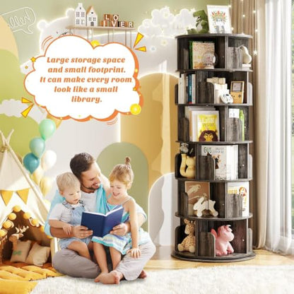 Aheaplus 5 Tier Wood Rotating Bookshelf, 360° Spinning Book Shelf Tower - color: Black Oak, size: 6-Tier