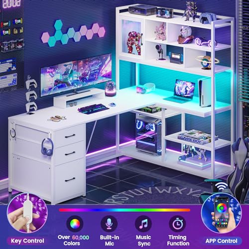SEDETA 58'' L Shaped Computer Office Desk with 3 Drawers and Bookshelf - color: White