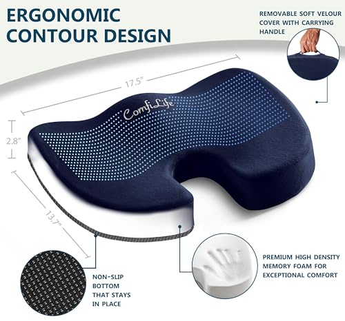 ComfiLife Premium Seat Cushion – 100% Memory Foam Office Chair Cushion, Back Relief (Navy) - color: Navy