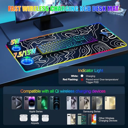Mouse Pad with Phone Holder, Wireless Charging Desk Mat, RGB Gaming Mousepad Home Office Large Desk Pad with Ultra-Smooth Surface, Non-Slip Base, Waterproof Keyboard Pad,Topographic Black - color: 31.5x15.75"Phone Stand-Topographic