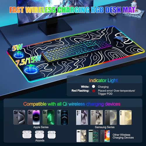 Mouse Pad with Phone Holder, Wireless Charging Desk Mat, RGB Gaming Mousepad Home Office Large Desk Pad with Ultra-Smooth Surface, Non-Slip Base, Waterproof Keyboard Pad,Topographic Black - color: 31.5x15.75"Phone Stand-Topographic