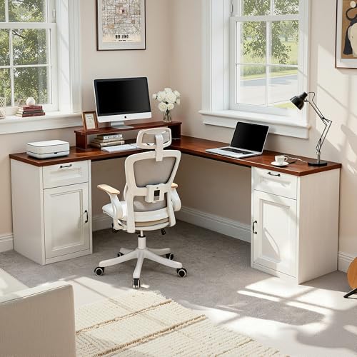 HUAHUU 78" Farmhouse L Shaped Executive Desk with Drawers, Modern Computer Desk with Power Outlets, Office Writing Desk with Monitor Stand & Storage Cabinet, Printer Shelf, Antique White - color: Walnut and White