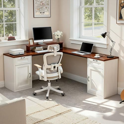 HUAHUU 78" Farmhouse L Shaped Executive Desk with Drawers, Modern Computer Desk with Power Outlets, Office Writing Desk with Monitor Stand & Storage Cabinet, Printer Shelf, Antique White - color: Walnut and White