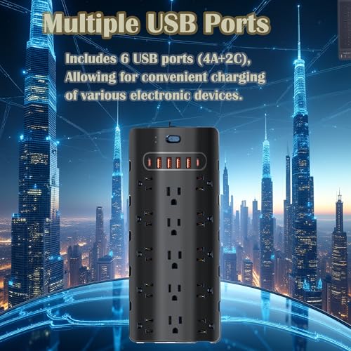 20 Amp Power Strip Surge Protector,Heavy Duty 12 Gauge 6.5 ft Cord/25 AC Outlets/4 USB A/2USB C/4000 Joules Surge protection/2500W/125V,Office Workshop Household Garage Black