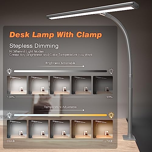 Airlonv LED Desk Lamp with Clamp, 17" Stepless Dimming Light, Grey - color: Gray, size: Standard