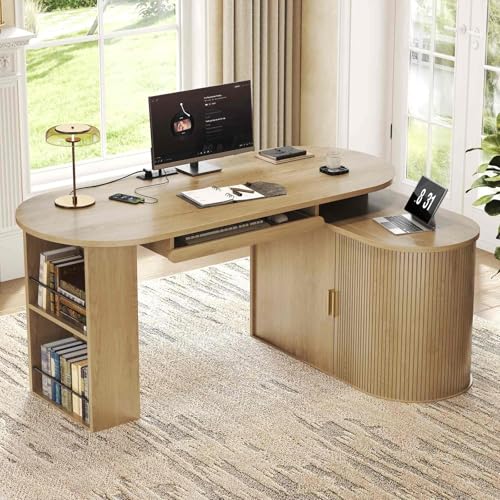 HSH L Shaped Office Corner Desk with Storage Cabinet for Home Oak 60 Inch - color: Oak