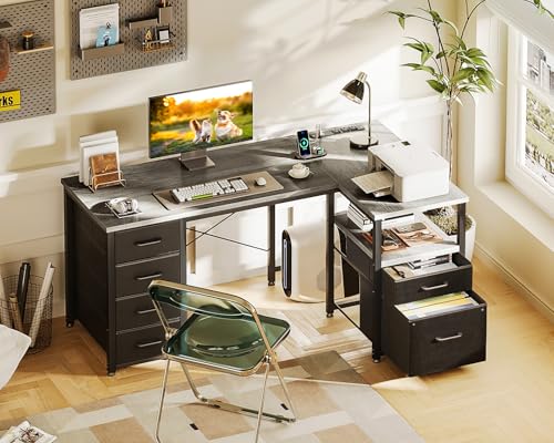 Coleshome 55 Inch L Shaped Office Desk with 6 Drawers, Power Outlet, Grey - color: Grey Oak, size: 55 Inch
