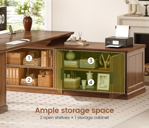 SEDETA Fluted 70.9" L Shaped Desk with Drawers, Fluted Brown - color: Fluted Brown, size: 70.9" L Shaped Desk