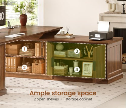 SEDETA Fluted 70.9" L Shaped Desk with Drawers, Fluted Brown - color: Fluted Brown, size: 70.9" L Shaped Desk