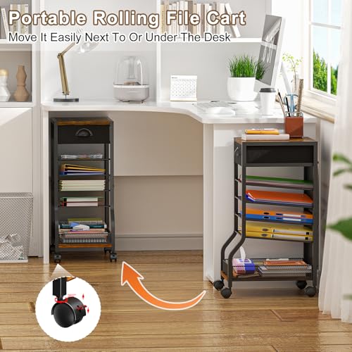 keomaisyto 6-Tier Rolling File Cart with Drawer, Under Desk Storage with Paper Letter Sliding Trays, Standing File Organizer with Wheels, Slim Workspace Organizers for Office/Home/School/Study - style: Upgrade-with Drawer