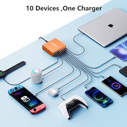 320W USB C Charger Block, MGRNPONY 10-Port GaN USB C Charging Station - color: Orange
