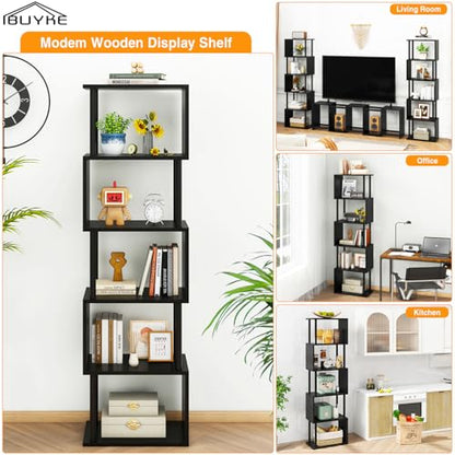 IBUYKE 6-Tier Tall Bookshelf,S-Shaped Geometric Bookcase,Black WBC016B - color: Black, size: 6 Tier