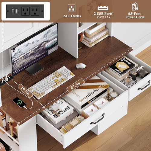 Keyluv 71" Tall Computer Desk with Hutch Cabinet, Home Office Desk with Storage Drawers Shelves and Side Rack, Wood Executive Desk with Doors, Outlet Station and Smart LED Lights, White - color: White