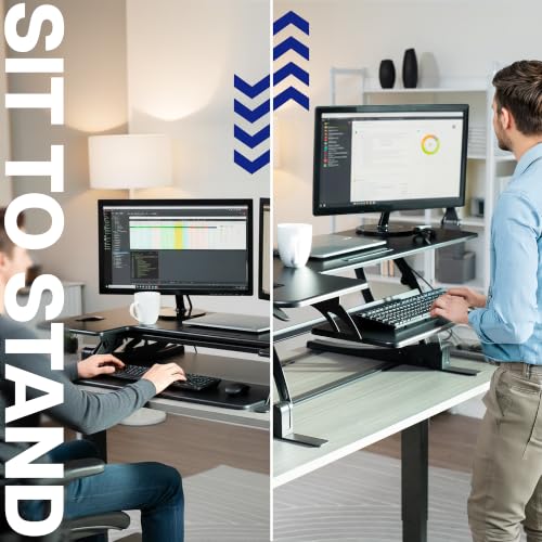 VIVO 54 inch Manual Height Adjustable Large Standing Desk Converter, Quick Sit-Stand Desk Riser, Tabletop Pneumatic Assist Height Adjust 6.5 to 17 inch, Black, DESK-V054V - color: Black, size: 54"