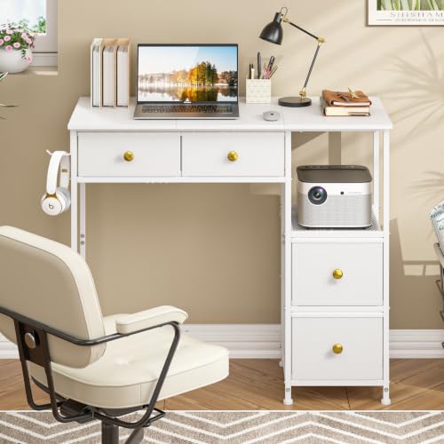 3IngSeagulls Small Computer Desk with 4 Fabric Drawers, Simple Writing Desk for Home Office, Compact Study Desks for Small Spaces, Kids Desk Study for Bedroom, White - color: White