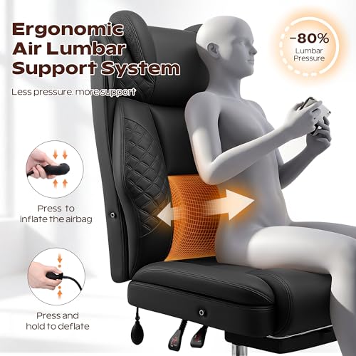 Office Desk Chair with Footrest, High Back Leather Chair Lumbar Support