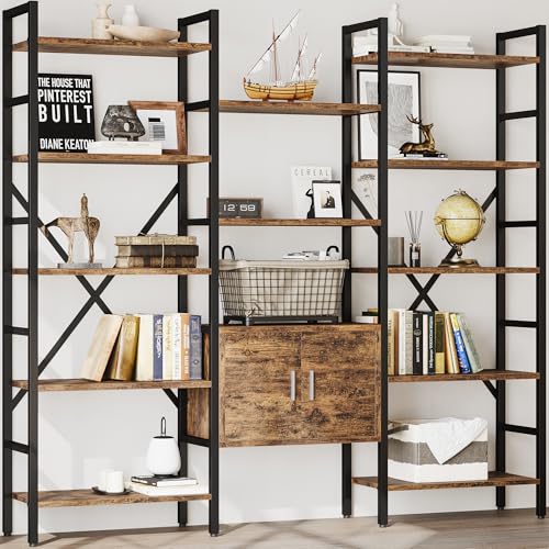 70" Triple 5 Tier Book Shelf, Large Industrial Bookcase with Storage Cabinet, Tall Bookshelf with Open Display Shelves Furniture for Living Room Bedroom Home Office Rustic Brown - color: Brown(with Storage Cabinet), size: 5 tier
