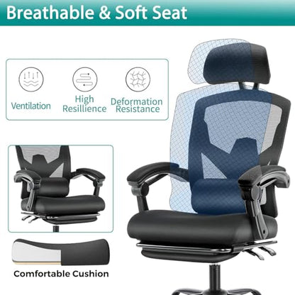 Simple Deluxe Home Office Desk Chair with Footrest, High-Back Mesh Rolling Swivel Reclining Chairs with Wheels, Comfortable Headrest, Lumbar Support, Comfy Arms - color: Black
