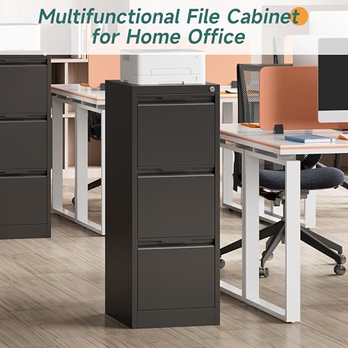 3 Drawer Metal Vertical File Cabinet with Lock for Home Office | 17.8"D x 15"W x 38.4"H,Small Under Desk Cabinet,Adjustable Hanging Bar,Fits 4A/Legal/Letter Size File,Easy Assembly,Black - color: Black, size: 17.8"D x 15"W x 38.4"H（3 Drawers）