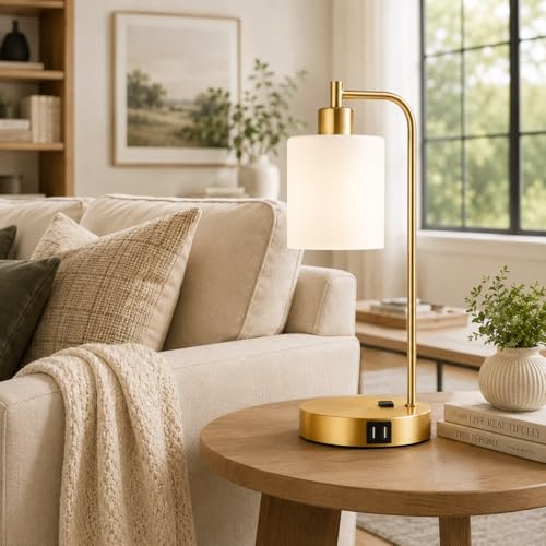 Set of 2 Industrial Touch Control Table Lamps with 2 USB Ports and AC Outlet - 3-Way Dimmable Gold Bedside Lamps Nightstand Desk Lamps for Bedroom Living Room, Opal Glass Shade & 2 LED Bulbs Included - color: Gold(2 pack)-Opal Glass-Touch Control