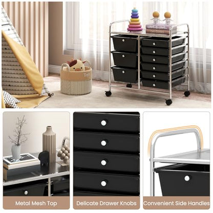 RELAX4LIFE 9 Drawer Rolling Storage Cart - Mobile Drawer Carts for Craft Art Supply Paper Salon, Utility Cart on Wheels for Classroom Teacher School Office, Rolling Cart with Drawers (Black) - color: Black, style: 9 Drawers