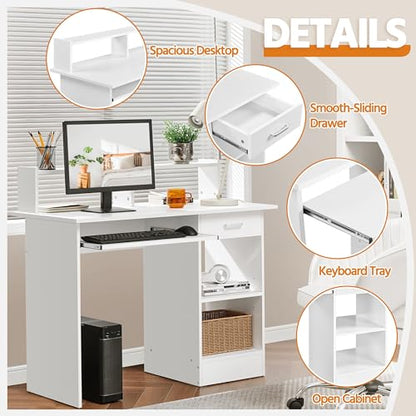 Yaheetech Computer Desk with Keyboard Tray, Drawers, and Shelves, White | This Desk Has a Pull-Out Keyboard Tray, a Drawer, and an Adjustable Open Shelf for Books, Files, and Home Office Supplies. - color: White