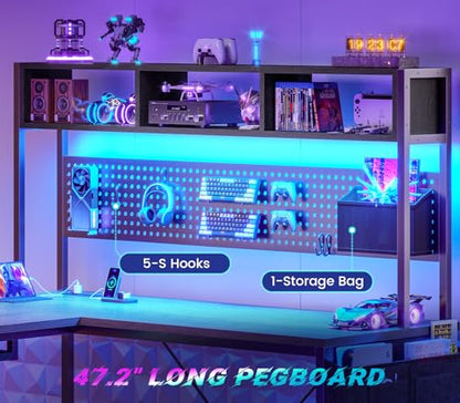 SEDETA L Shaped Office Desk with Hutch, Reversible 94.5" Computer Desk | L Shaped Gaming Desk with LED Light, Keyboard Tray, Storage Shelves and Headphone Hook for Home Office, Grey - color: Grey With Power Outlet and Pegboard