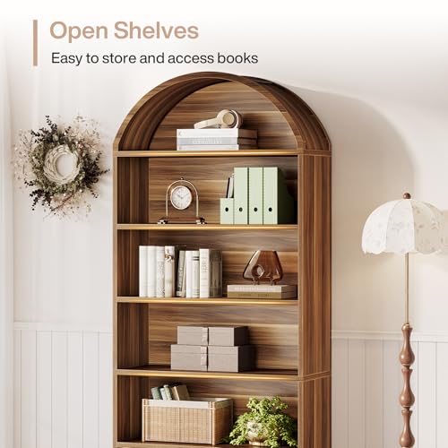 Tribesigns 76.8" Tall Arched Bookcase with File Cabinet Drawer, Brown - color: Walnut Brown