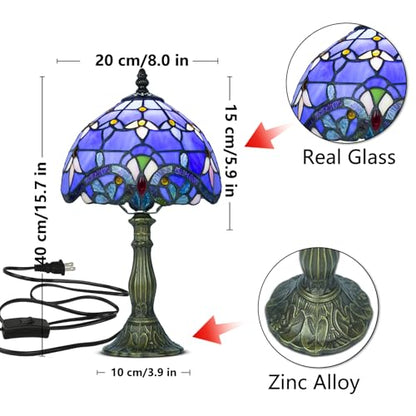 8 Inch Small Tiffany Style Table Lamp with Remote Control, Blue Baroque - color: Blue Baroque