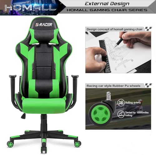 Homall Gaming Chair, Office Chair High Back Computer Chair Leather Desk Chair Racing Executive Ergonomic Adjustable Swivel Task Chair with Headrest and Lumbar Support (Green) - color: Green