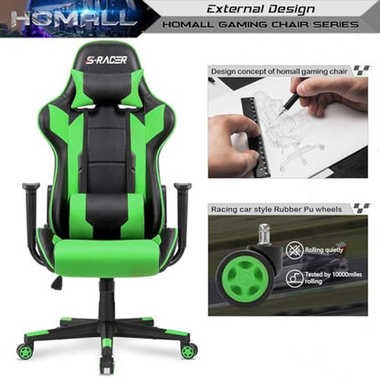 Homall Gaming Chair, Office Chair High Back Computer Chair Leather Desk Chair Racing Executive Ergonomic Adjustable Swivel Task Chair with Headrest and Lumbar Support (Green) - color: Green