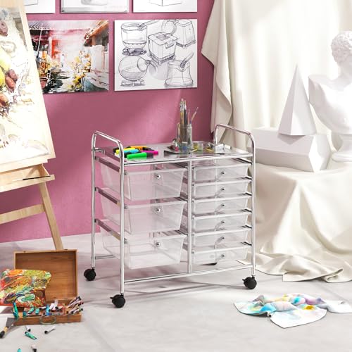 RELAX4LIFE 9 Drawer Rolling Storage Cart - Mobile Drawer Carts for Craft Art Supply Paper Salon, Utility Cart on Wheels for Classroom Teacher School Office, Rolling Cart with Drawers (Clear) - color: Clear, style: 9 Drawers