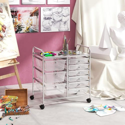 RELAX4LIFE 9 Drawer Rolling Storage Cart - Mobile Drawer Carts for Craft Art Supply Paper Salon, Utility Cart on Wheels for Classroom Teacher School Office, Rolling Cart with Drawers (Clear) - color: Clear, style: 9 Drawers