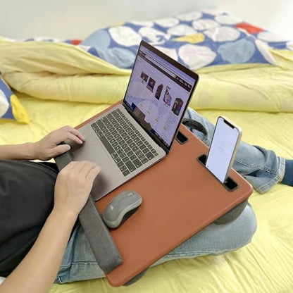 Lap Desk Home Office Lap Desk Portable Laptop Desk for Left Right - Handers with Whole Mouse Pad Wrist Pad Dual Cushion Phone Tablet Slots Fits Up to 17 Inch Laptops - color: Stone Brown