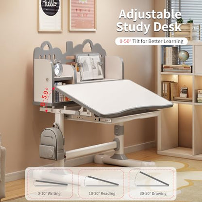 Kids Study Desk and Chair Set 3-12, Adjustable Children School Desk-10GREY | Height Adjustable | 50° Tilt Desktop | Book Stand & Metal Hook & Storage Drawer | Writing Drawing Table for Boys and Girls - color: 100-grey-27.5in