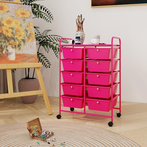 RELAX4LIFE 10-Drawer Rolling Storage Cart - Mobile Craft Art Supply Storage Organizer for Tool Scrapbook Paper Salon, Office School Classroom Teacher Rolling Cart with Drawers, Utility Cart on Wheels - color: Hot Pink, style: 10 Drawers