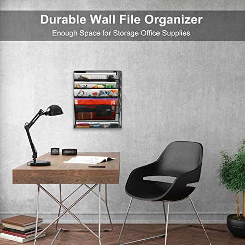 EasyPAG 5 Tier Wall File Holder, Mesh Hanging Folder Organizer with Classify Label, Versatile Desk File Holder, Vertical Wall Mounted Mail Organizer for Office Home Cubicle, Black - color: Black