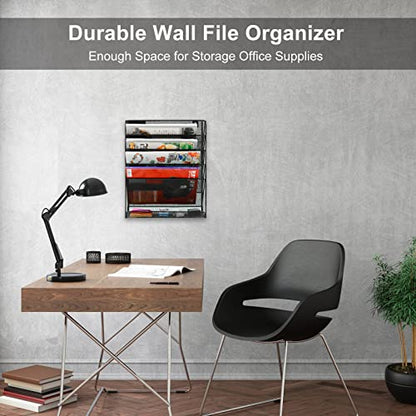 EasyPAG 5 Tier Wall File Holder, Mesh Hanging Folder Organizer with Classify Label, Versatile Desk File Holder, Vertical Wall Mounted Mail Organizer for Office Home Cubicle, Black - color: Black