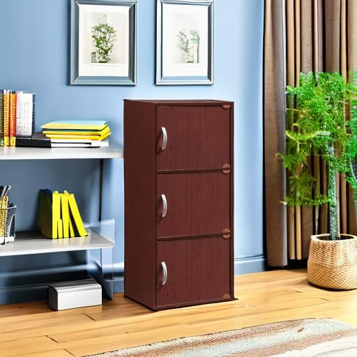 Hodedah 3-Shelf, 3-Door Bookcase in Mahogany - color: Mahogany